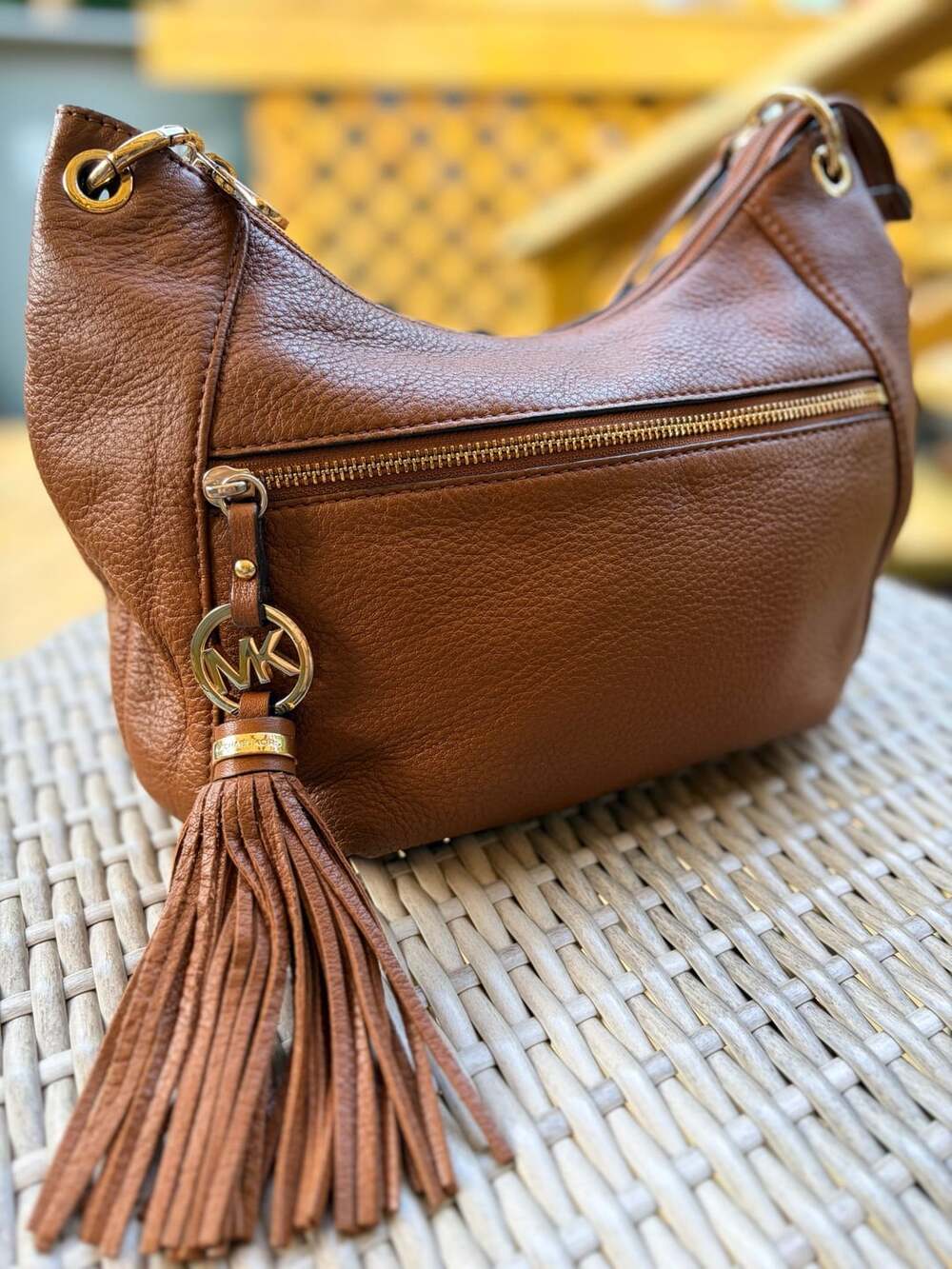 Michael Kors Brown Pebbled Leather Tassel Hobo Crossbody Bag